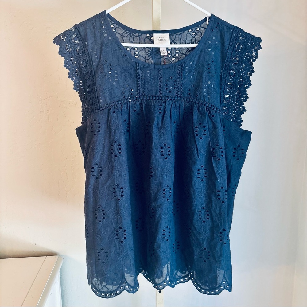Knox Rose Navy Blue Short Sleeve Eyelet Lace Scalloped Trim Top, Size XXL NWT
